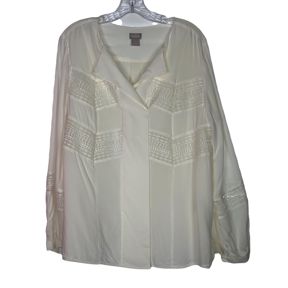 Chicos Size 2 Us 12/14 Long Sleeve Cream Peasant Style Blouse Womens